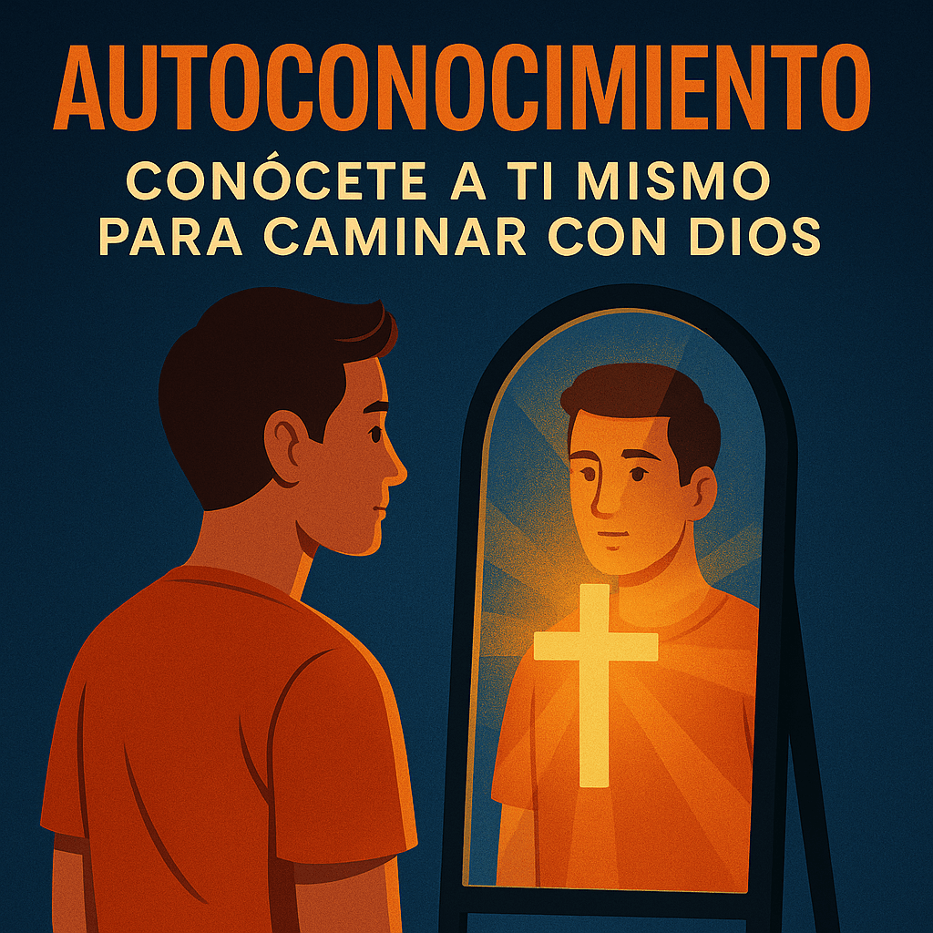 Joven mirando su reflejo en un espejo, con una cruz brillante en el pecho, simbolizando autoconocimiento cristiano.