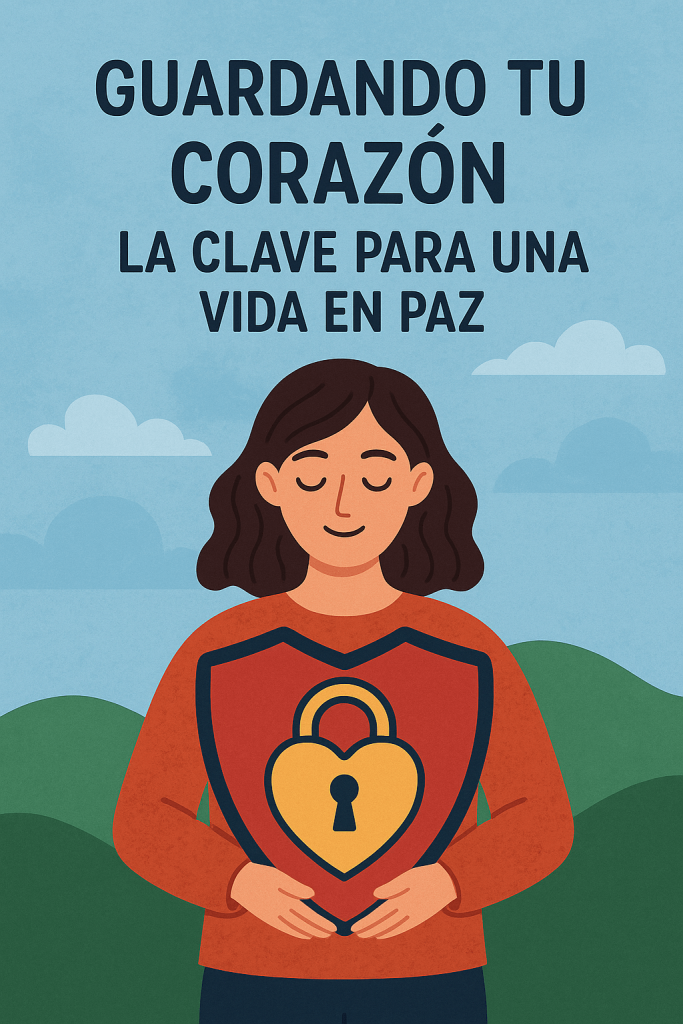 Ilustración digital de estilo plano que muestra a una mujer sosteniendo un escudo en forma de corazón con un candado, simbolizando la protección del corazón y la paz interior, en un fondo de colinas verdes y cielo azul.