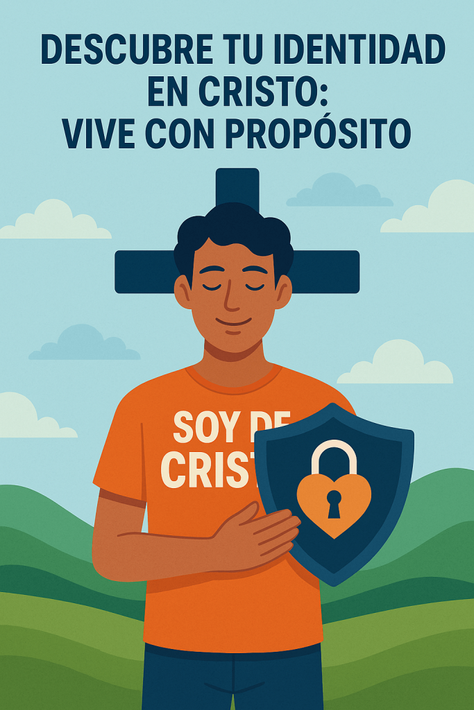 Ilustración digital de un hombre joven con una camiseta naranja que dice "SOY DE CRISTO," sosteniendo un escudo con un corazón cerrado con candado, con una cruz azul en el fondo, simbolizando la fe y propósito en Cristo.