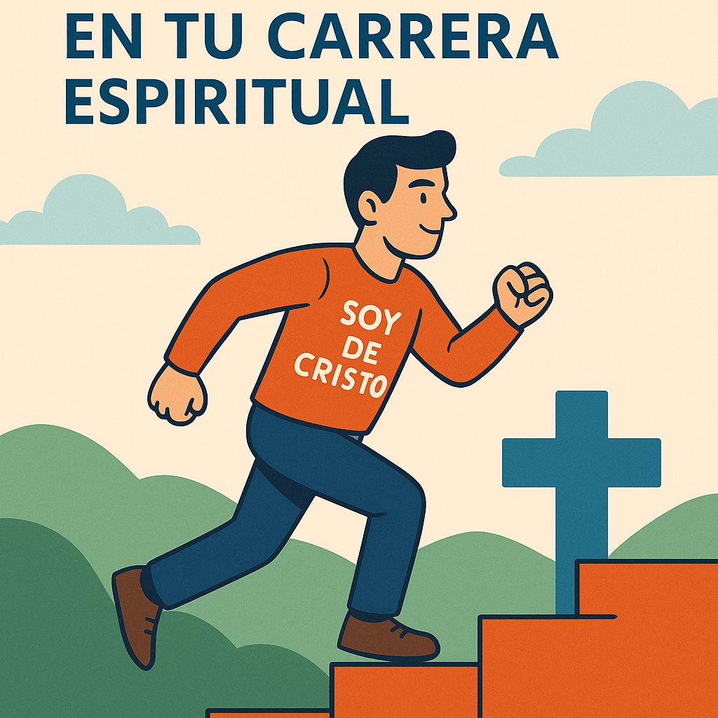 Ilustración digital de un hombre subiendo escalones grandes de color naranja, simbolizando el progreso espiritual. Viste una camiseta naranja que dice "SOY DE CRISTO" y hay una cruz azul en el fondo, con colinas verdes y un cielo despejado.