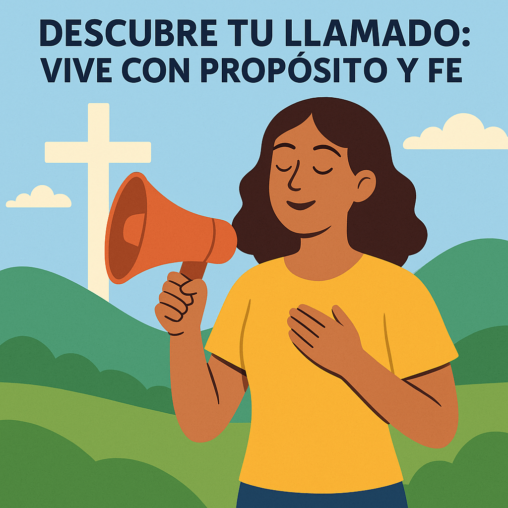 Ilustración digital de una mujer joven sosteniendo un megáfono y colocando su mano derecha en el pecho, con una cruz blanca al fondo, rodeada de colinas verdes y un cielo azul con nubes esponjosas.