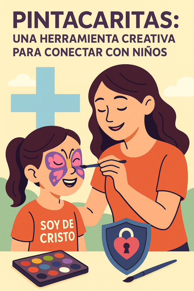 Ilustración digital de una mujer pintando la cara de una niña con un diseño de mariposa en tonos morados y rosados, mientras ambas sonríen. En el fondo, una cruz azul y un paisaje verde simbolizan conexión y creatividad.