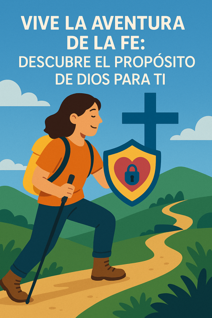 Ilustración digital de una mujer con mochila caminando por un sendero sinuoso hacia una colina con una cruz azul, simbolizando la aventura de la fe y el propósito espiritual.
