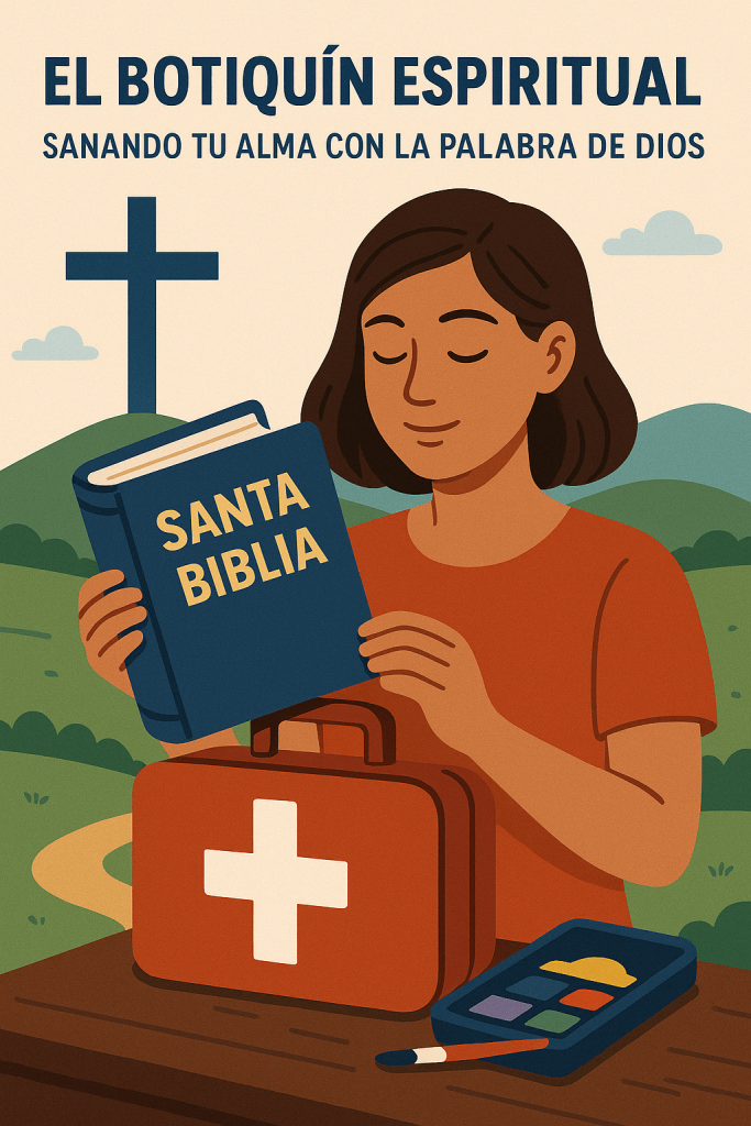 Ilustración digital de una mujer joven sosteniendo una Biblia abierta con la inscripción "SANTA BIBLIA," junto a un botiquín rojo con una cruz blanca, en un paisaje de colinas verdes y una cruz azul al fondo, simbolizando la sanación espiritual a través de la Palabra de Dios.