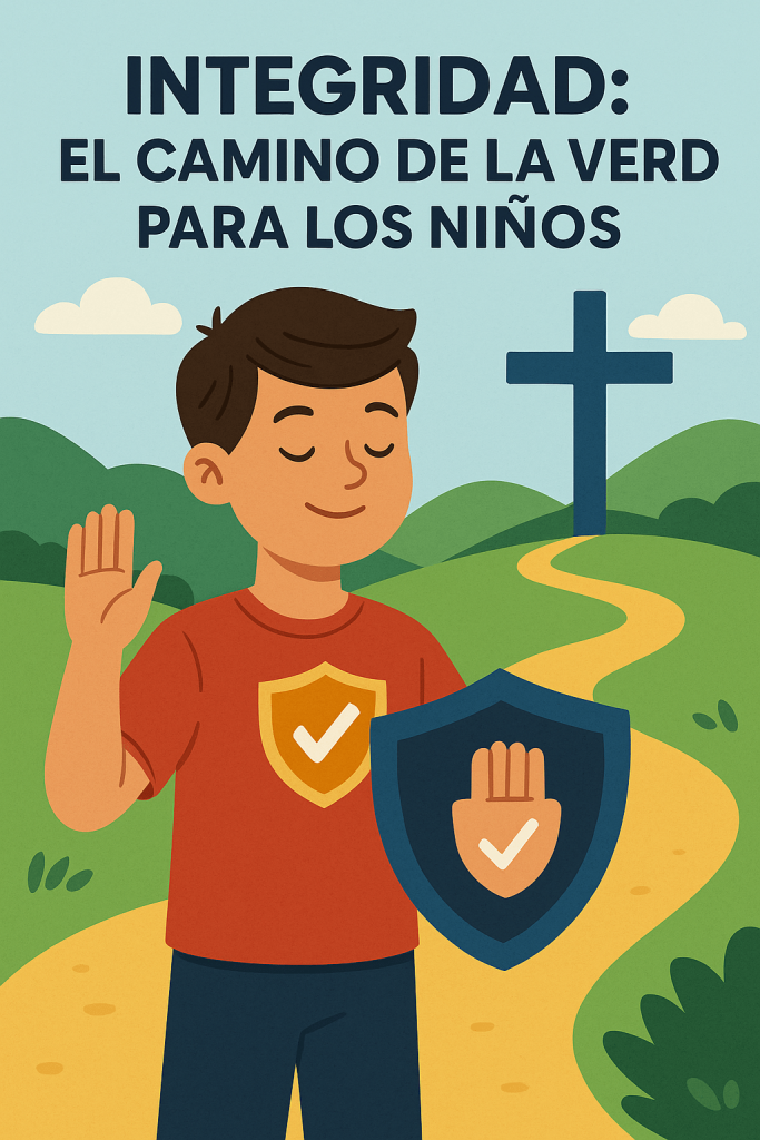 Ilustración digital de un niño con una camiseta roja que lleva un escudo dorado con una marca de verificación, levantando la mano en señal de promesa. Al fondo, un camino dorado serpentea hacia una cruz azul sobre una colina verde.