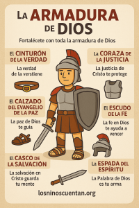 Infografía ilustrativa de la Armadura de Dios basada en Efesios 6:10-18, mostrando cada una de las seis piezas espirituales con sus nombres y significados.