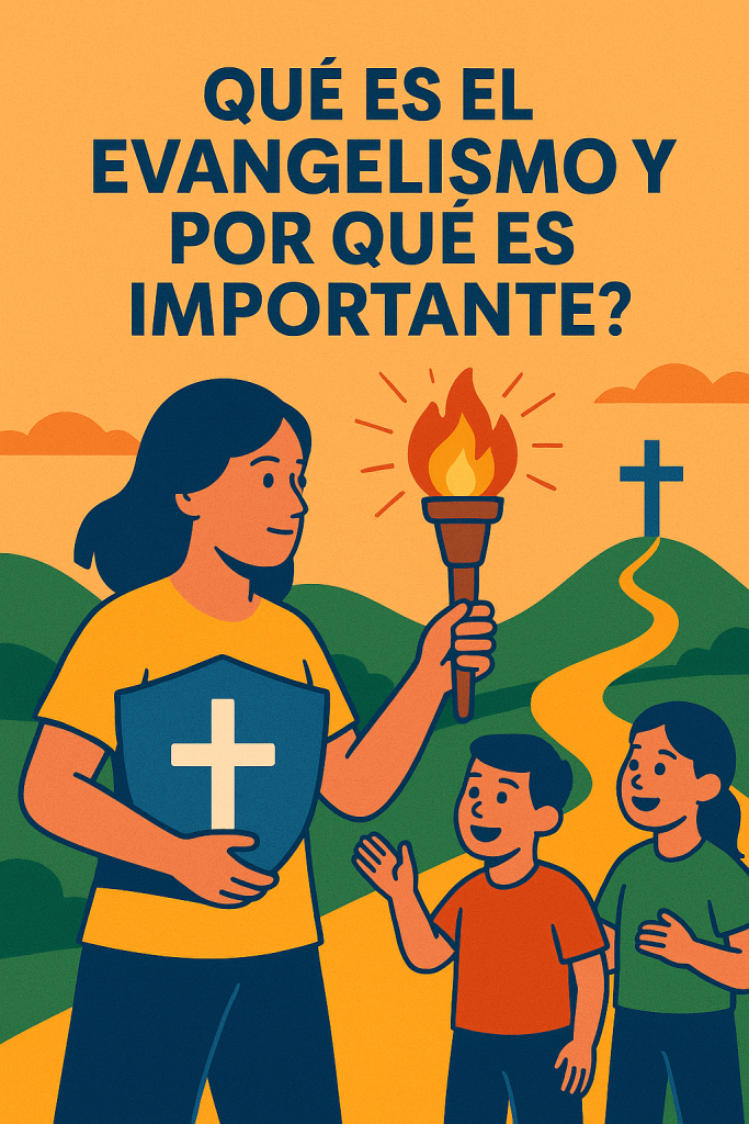 Ilustración de evangelismo cristiano con una persona compartiendo un mensaje de fe, representado con símbolos religiosos y un ambiente luminoso.