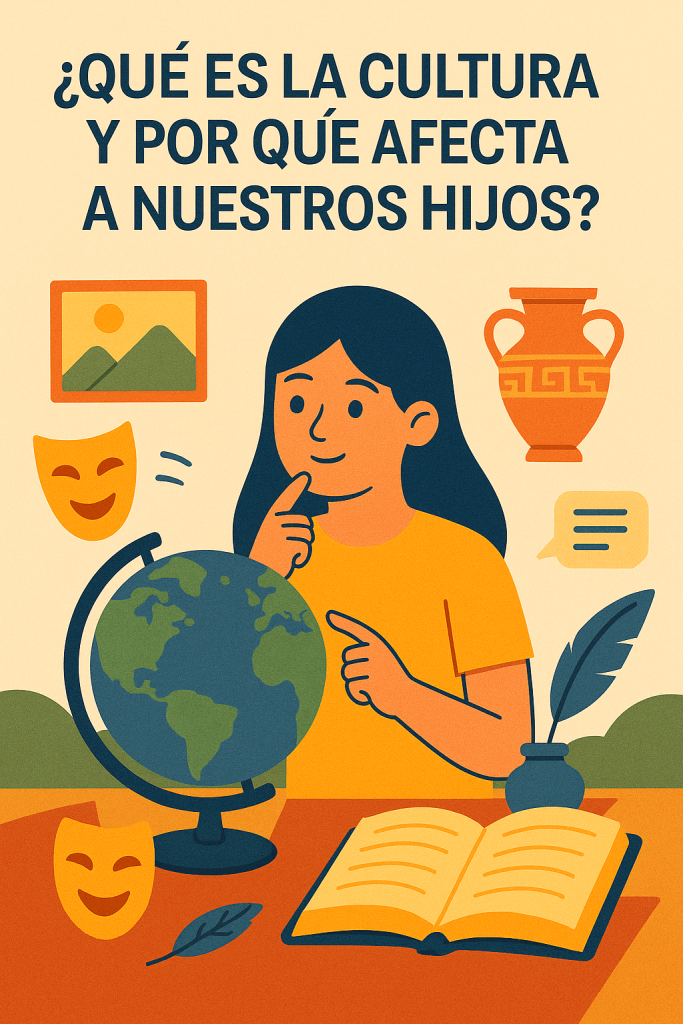 Ilustración digital que muestra una madre y su hija explorando libros y símbolos culturales, representando la influencia de la cultura en la educación y los valores familiares.