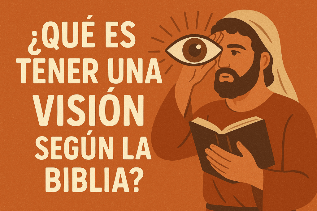 Ilustración digital con un fondo cálido y el texto "¿Qué es tener una visión según la Biblia?" junto a un hombre estilizado que sostiene una Biblia y mira hacia un símbolo de ojo radiante, representando una conexión espiritual.
