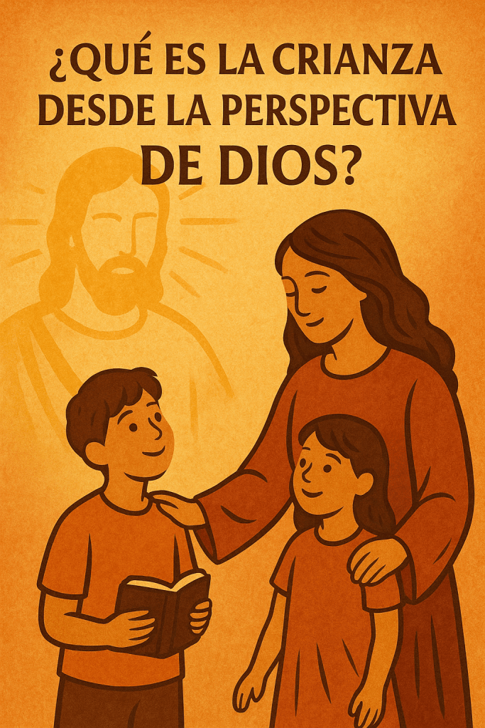 Ilustración digital que muestra a una madre interactuando tiernamente con sus hijos bajo la mirada protectora de una figura divina, destacando el texto "¿Qué es la Crianza desde la Perspectiva de Dios?".
