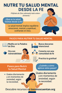 Infografía cristiana sobre cómo nutrir la salud mental con principios bíblicos, incluyendo pasos prácticos como meditar en la Palabra, orar, descansar, conectar con la comunidad y practicar la gratitud.
