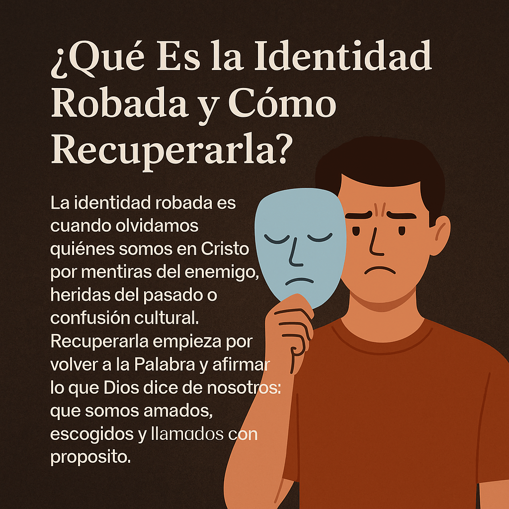 Ilustración de un hombre sosteniendo una máscara azul frente a su rostro con texto sobre la identidad robada en Cristo.