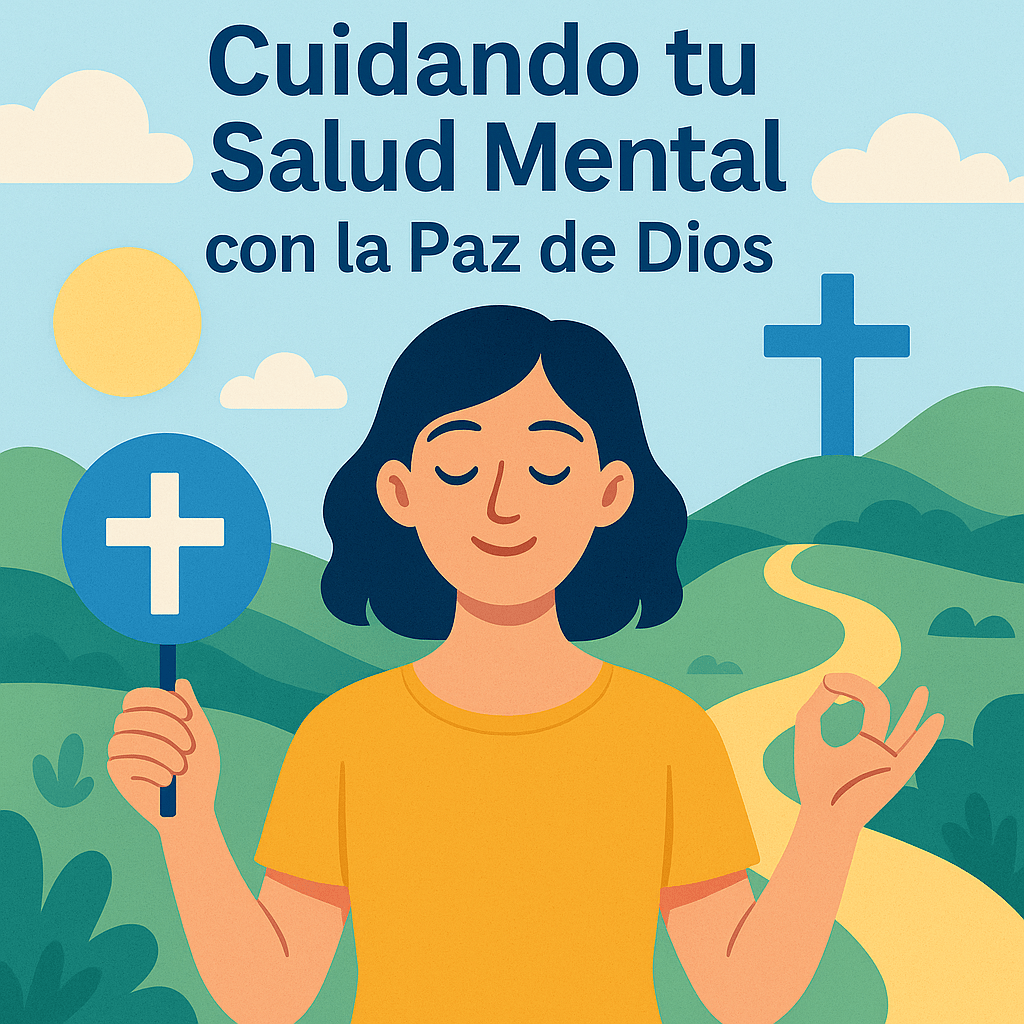 Ilustración digital de una mujer meditando con los ojos cerrados en un paisaje de colinas verdes, sosteniendo un círculo azul con una cruz blanca, mientras un camino dorado serpentea hacia una cruz azul en la distancia.