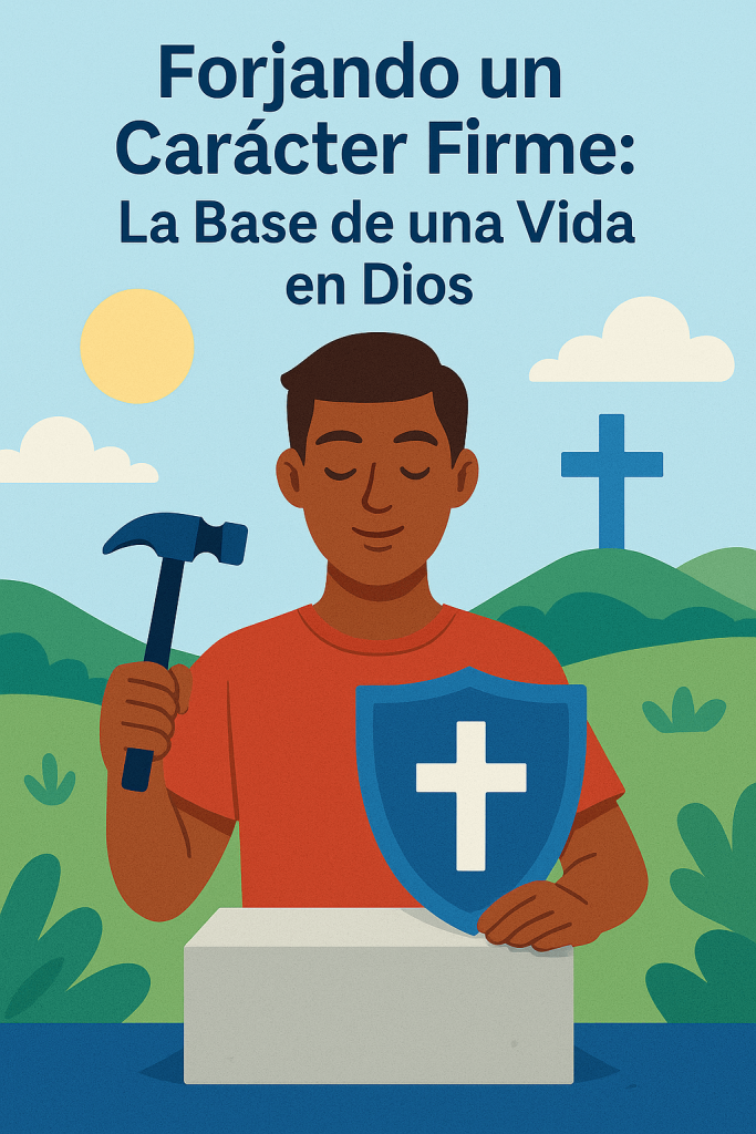 Ilustración digital de un joven sosteniendo un martillo en una mano y un escudo azul con una cruz blanca en la otra, trabajando frente a un bloque de piedra, con un fondo de colinas verdes, un sol amarillo y una cruz azul a lo lejos.