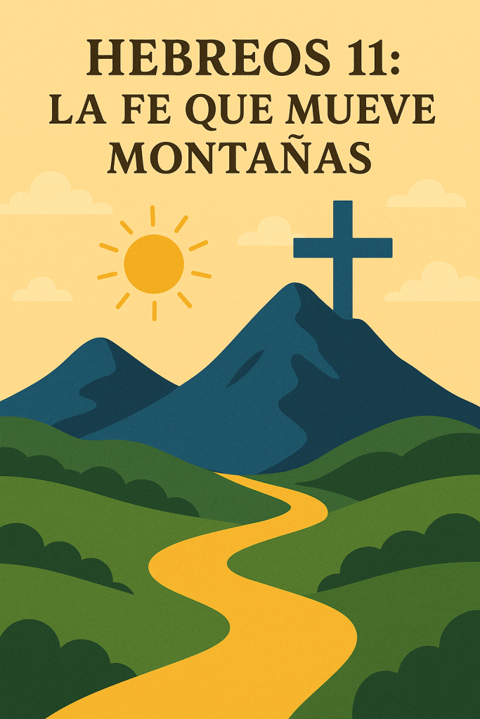 Ilustración digital de montañas azules con una cruz cristiana en la cima, un camino dorado que serpentea por colinas verdes, y un sol amarillo brillante en el cielo, con el texto "HEBREOS 11: LA FE QUE MUEVE MONTAÑAS."