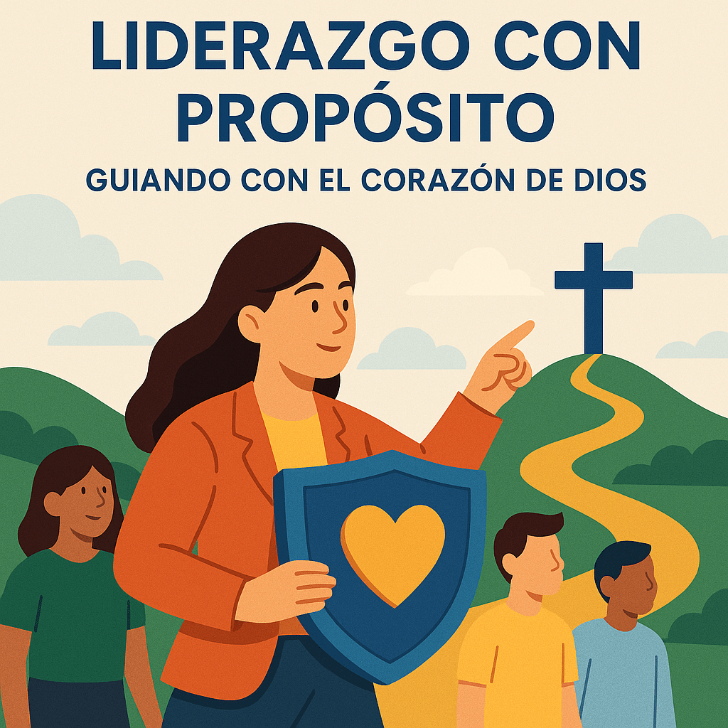 Ilustración digital de una mujer liderando un grupo, sosteniendo un escudo azul con un corazón dorado, mientras señala un camino dorado que conduce a una cruz azul sobre una colina, en un paisaje de colinas verdes y cielo despejado.