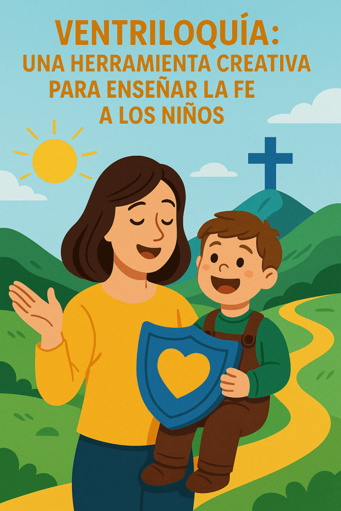 Ilustración digital de una mujer con un muñeco de ventrílocuo sentado en su brazo, ambos sonrientes, con un camino dorado que conduce a una cruz azul en el fondo, rodeados de colinas verdes y un sol brillante.