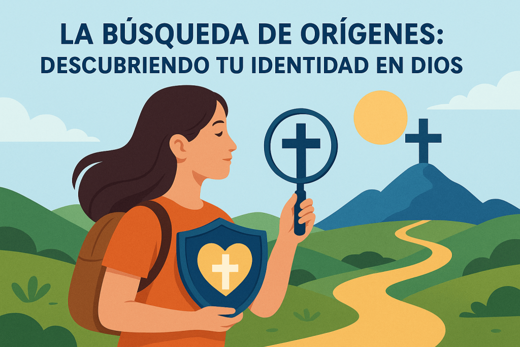 Ilustración digital de una mujer joven con mochila naranja, sosteniendo una lupa con una cruz dentro, frente a un paisaje de colinas verdes. Un camino dorado conduce a una cruz azul sobre una colina, simbolizando la búsqueda de identidad en Dios.