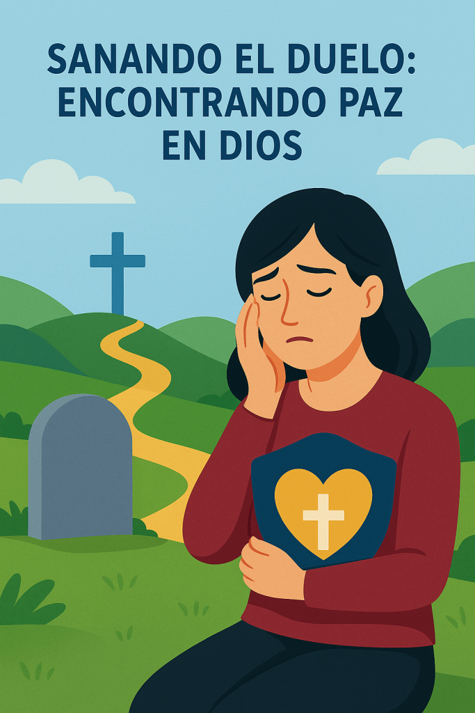 Ilustración digital de una mujer sentada frente a una lápida, sosteniendo su mejilla con expresión de tristeza. En el fondo hay un paisaje con colinas verdes, un camino dorado y una cruz azul, simbolizando sanación y paz espiritual.