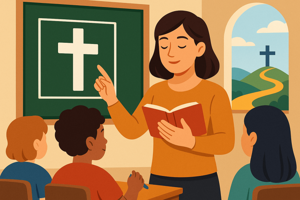 Ilustración digital de una maestra señalando una pizarra con una cruz blanca mientras sostiene un libro rojo, rodeada de niños atentos en un aula. A través de la ventana, se observa un paisaje de colinas verdes y un camino dorado que lleva a una cruz azul.