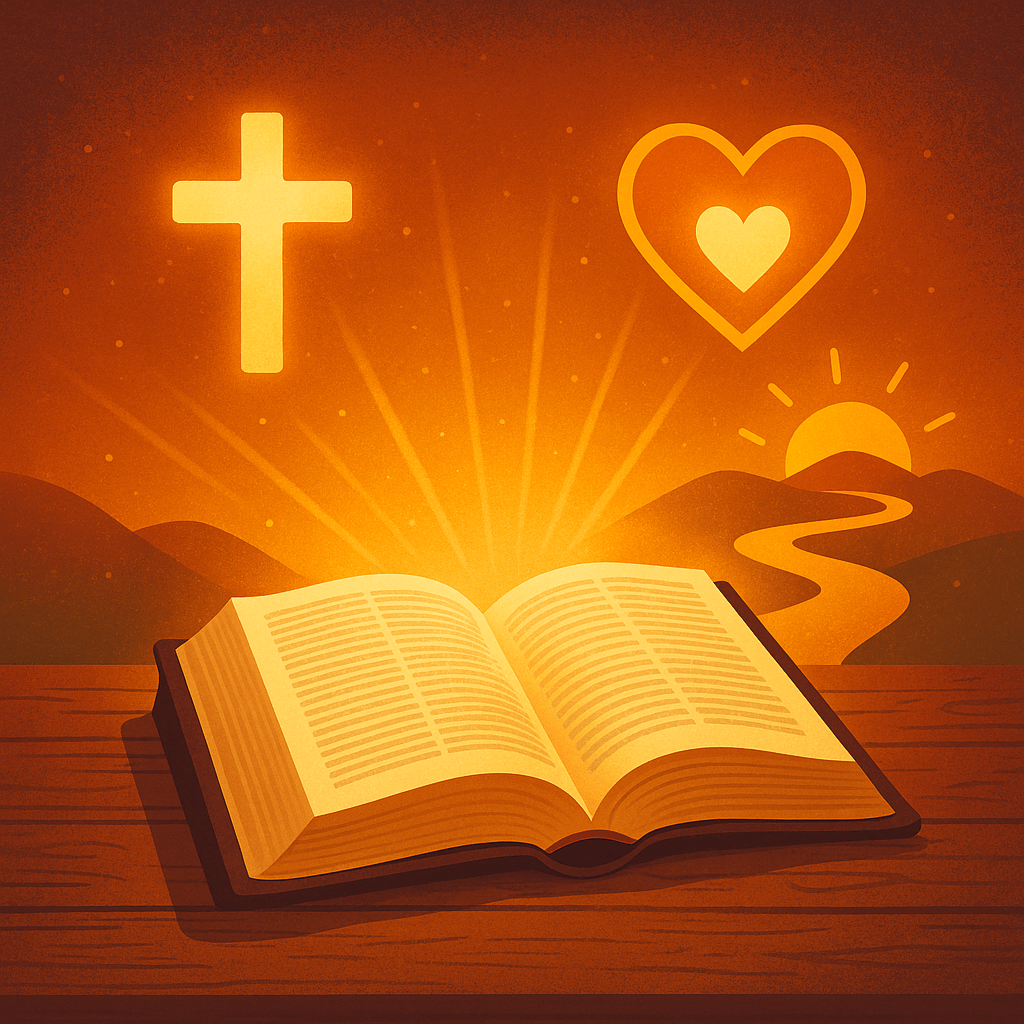 Ilustración digital de una Biblia abierta en una superficie de madera, irradiando una luz dorada. Alrededor se ven símbolos brillantes de una cruz, un corazón y un camino que conduce a un amanecer, representando guía espiritual y propósito.