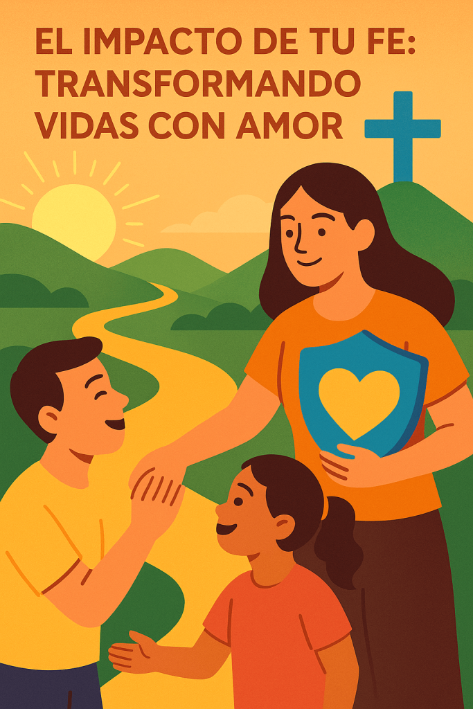 Ilustración digital de una mujer sosteniendo un escudo con un corazón amarillo, extendiendo su mano hacia un hombre sonriente mientras una niña observa. Al fondo, un camino dorado serpentea hacia una cruz azul en colinas verdes bajo un cielo anaranjado.