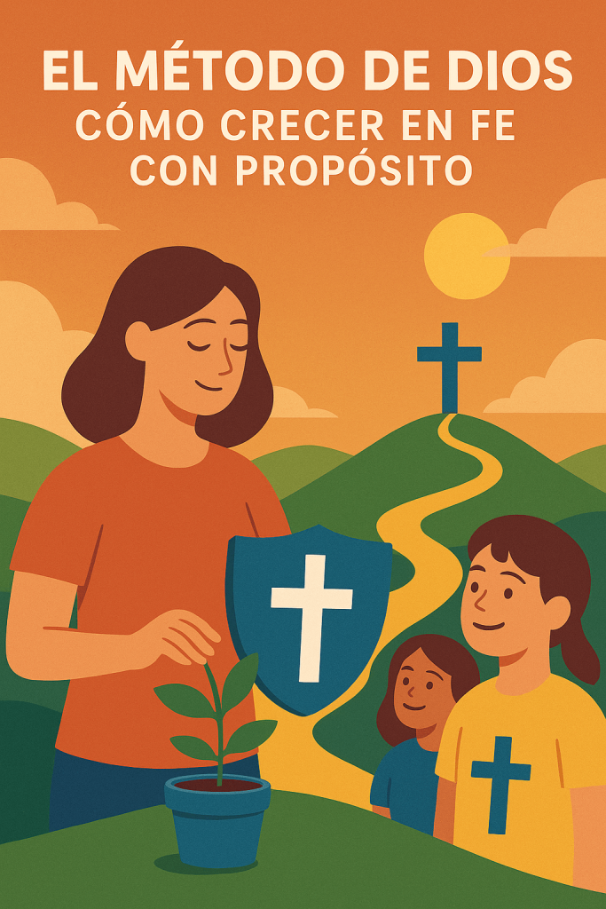 Ilustración digital que representa el crecimiento en la fe con propósito. Una mujer sonriente sostiene un escudo con una cruz blanca y una maceta con una planta joven, mientras un camino dorado serpentea hacia una cruz azul en la cima de una colina bajo un cielo anaranjado.