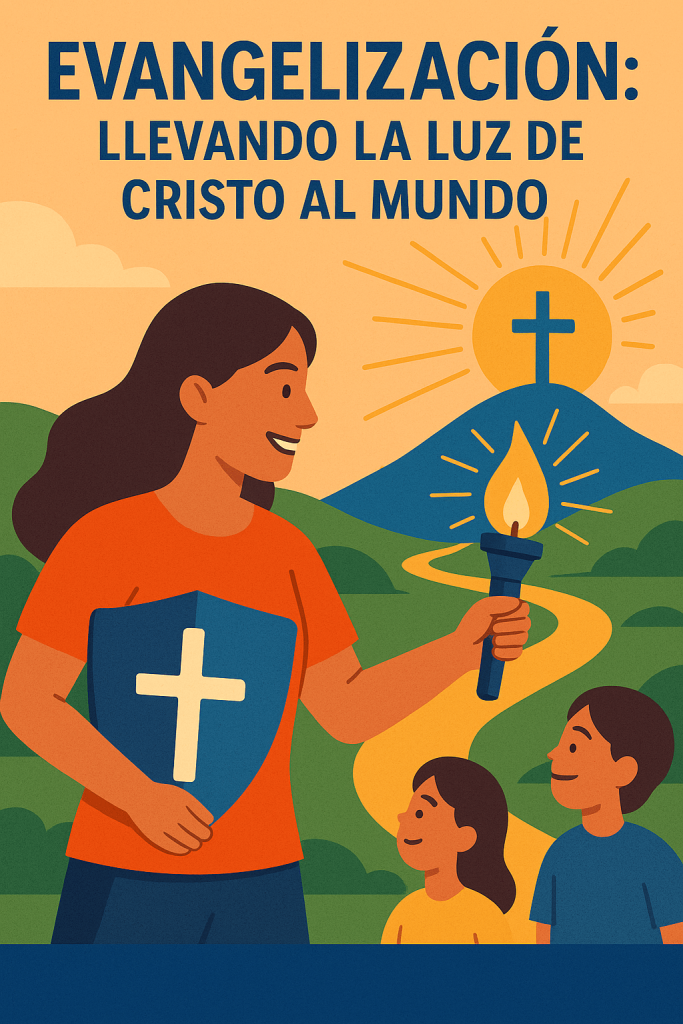 Ilustración digital que muestra a una mujer sosteniendo una antorcha encendida, simbolizando la luz de Cristo, mientras guía a dos niños sonrientes por un camino dorado que lleva a una cruz en una colina. El fondo incluye colinas verdes y un cielo naranja al atardecer.