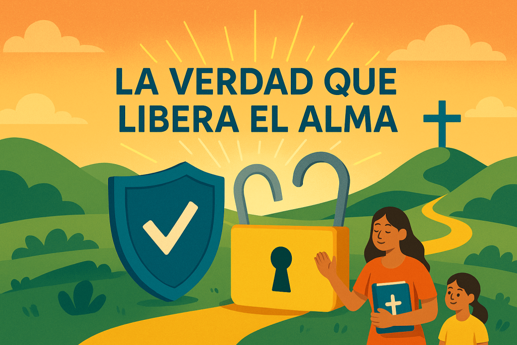 Ilustración digital que muestra un paisaje sereno con colinas verdes y un cielo anaranjado al atardecer. En el centro, un camino dorado conduce hacia una cruz en la distancia, acompañado por un escudo azul con un símbolo de verificación y un candado amarillo abierto.