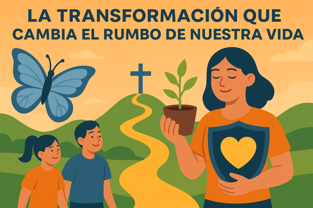 Una ilustración digital estilizada que representa la transformación personal, mostrando una figura humana rodeada de elementos simbólicos de cambio y renovación, iluminada por una luz cálida que emana desde arriba.