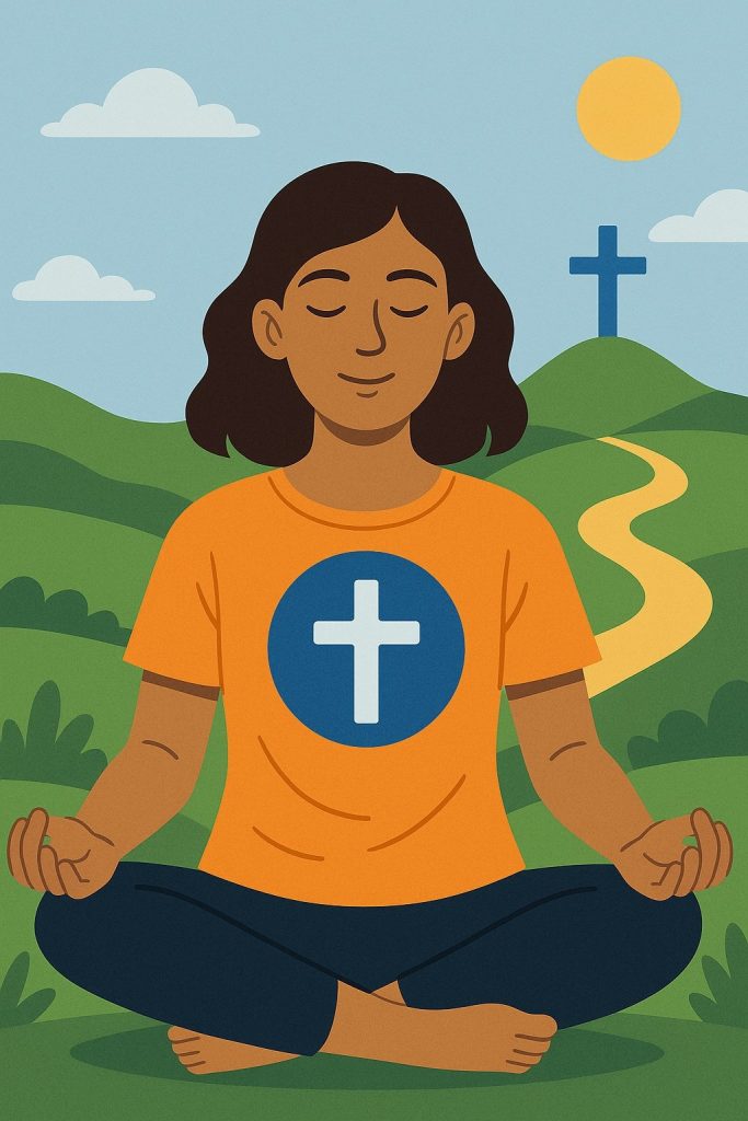 Ilustración digital de una mujer meditando al aire libre con los ojos cerrados y una expresión serena. Lleva una camiseta naranja con una cruz azul, sentada frente a un paisaje de colinas verdes con un camino dorado que conduce a una cruz azul en la distancia.