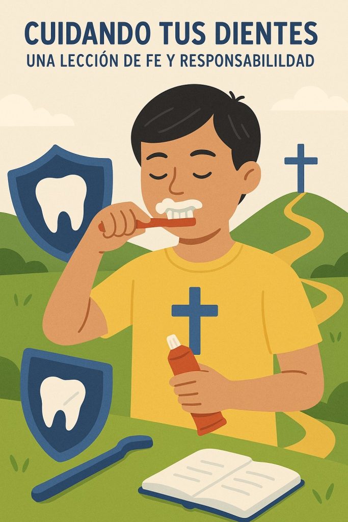 Ilustración digital de un niño sonriente cepillándose los dientes frente a un fondo de colinas verdes, un camino dorado y una cruz azul en la cima de una colina, simbolizando fe y responsabilidad.