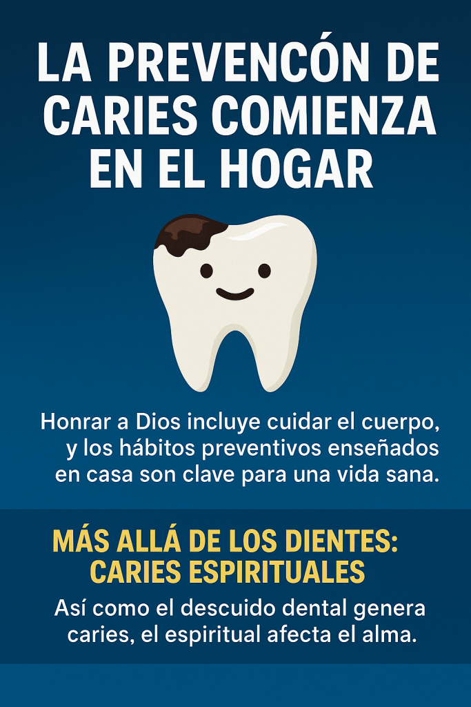 Dibujo de un diente feliz con caries, acompañado de mensajes sobre prevención dental y valores cristianos.