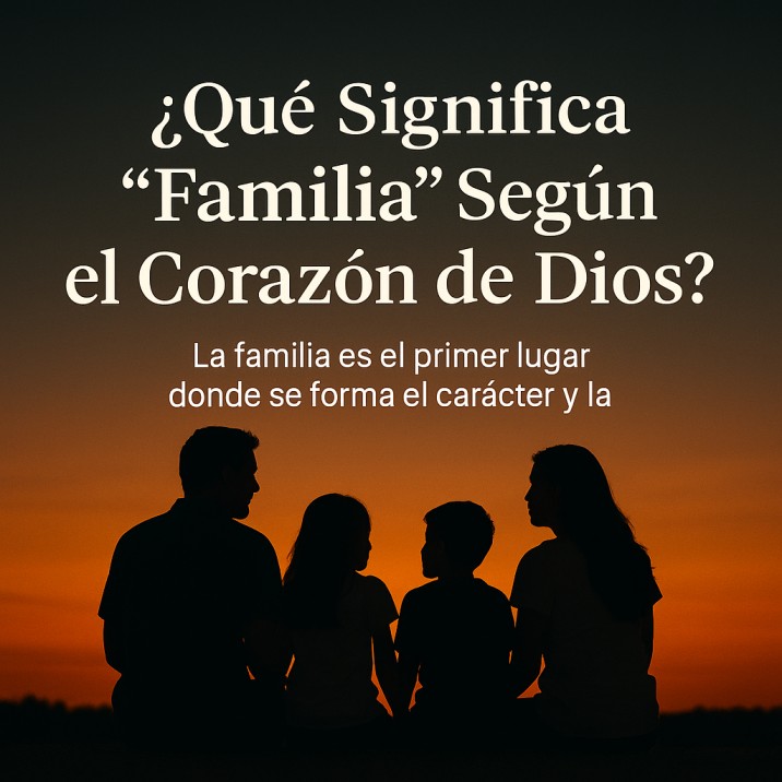 Una familia hispana sentada junta al atardecer, con texto que resalta el valor bíblico de la familia.