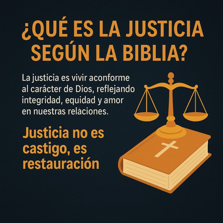 Ilustración digital de balanza dorada sobre una Biblia, junto a textos en español sobre la justicia según la Biblia.