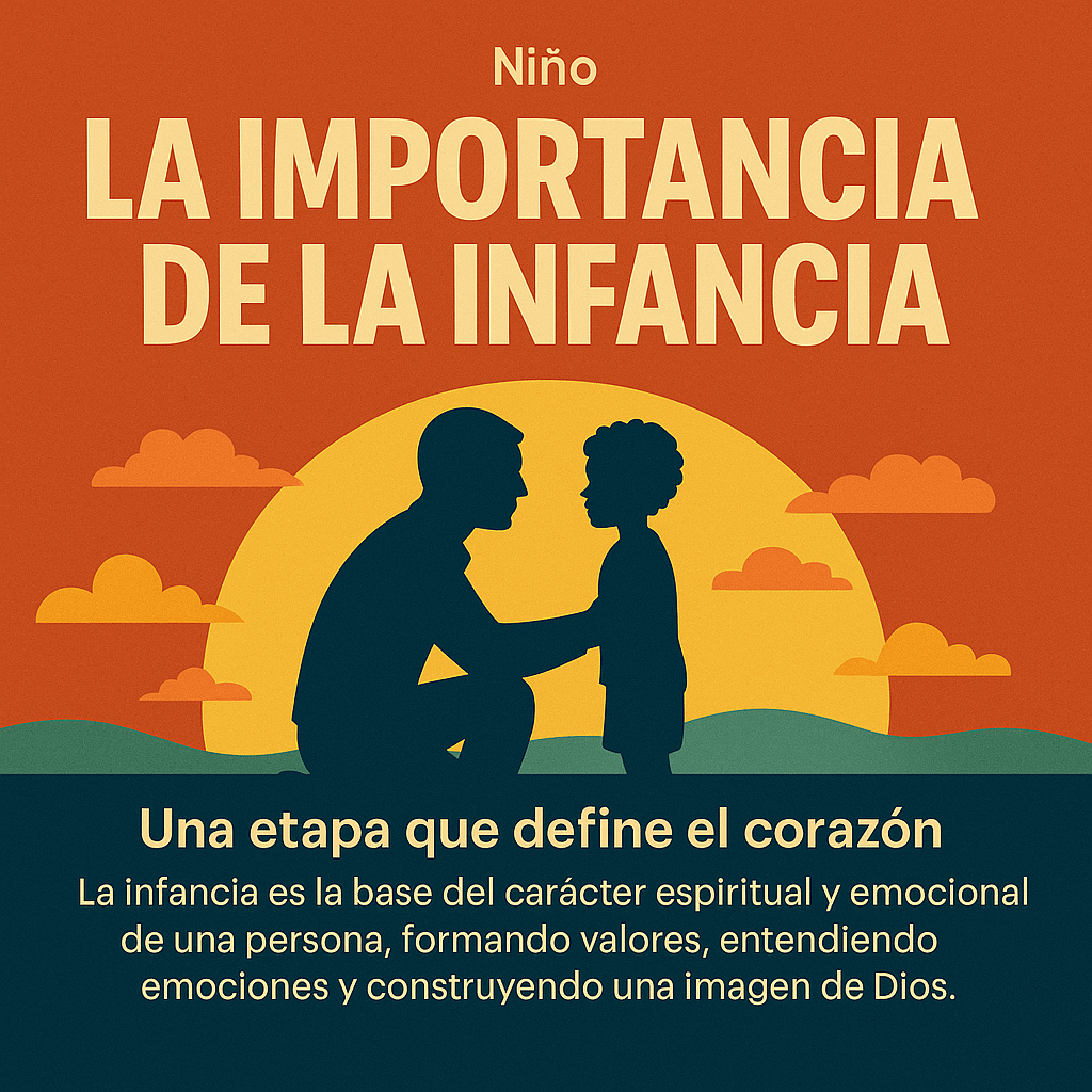 Un adulto arrodillado toca los hombros de un niño pequeño al atardecer, con el texto “La importancia de la infancia”.