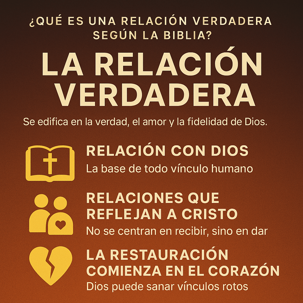 Infografía sobre relaciones verdaderas según la Biblia, con tres secciones: relación con Dios, relaciones que reflejan a Cristo, y restauración del corazón, ilustradas con íconos dorados sobre fondo cálido.