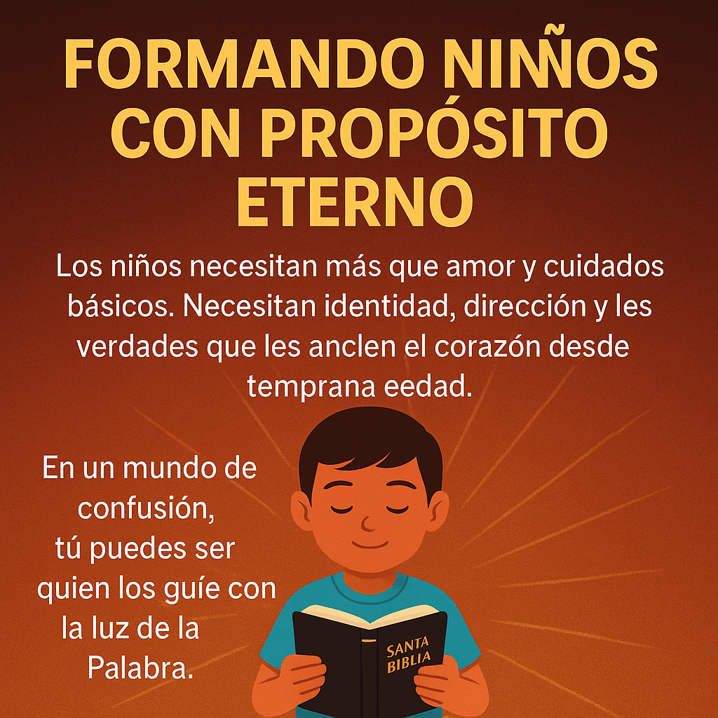 Niño sosteniendo una Biblia iluminado por una luz cálida, con mensaje sobre propósito eterno en español.
