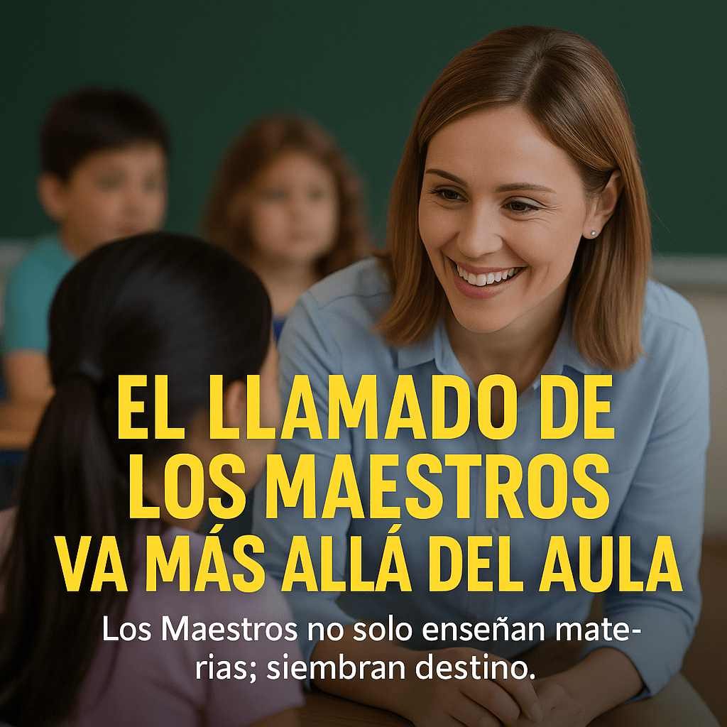 Maestra sonriendo mientras conversa con una niña en clase, mostrando vocación y calidez.