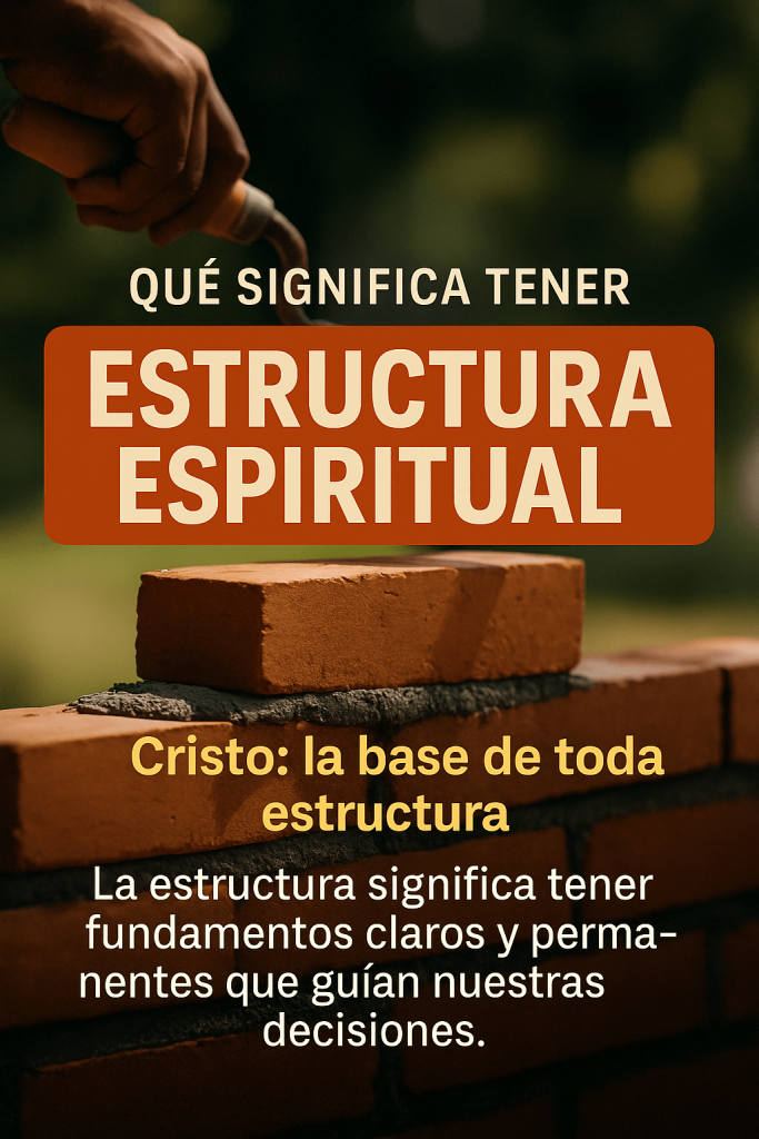Mano colocando un ladrillo sobre una pared en construcción, ilustrando el concepto de estructura espiritual con el texto "¿Qué significa tener estructura espiritual?"