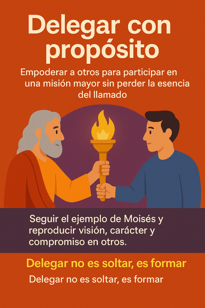 Ilustración de Moisés pasando una antorcha a un joven, representando la delegación con propósito en un estilo vibrante y bíblico.