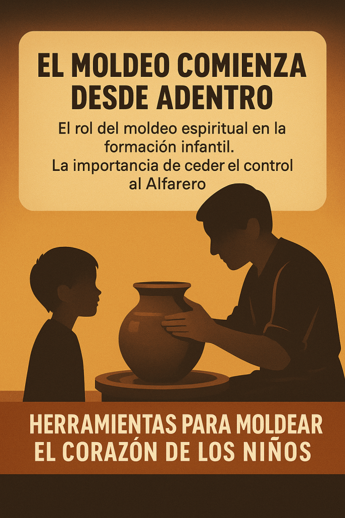 Ilustración de un alfarero moldeando barro frente a un niño, simbolizando la formación espiritual infantil.