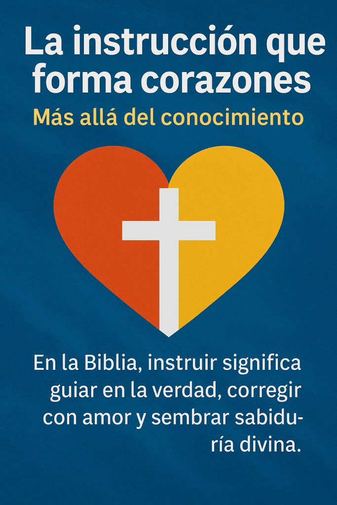 Corazón bíblico dividido en rojo y amarillo con cruz blanca, fondo azul y texto sobre la instrucción cristiana.