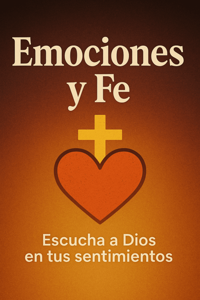 Imagen con fondo cálido degradado naranja, un corazón rojo con cruz dorada encima y texto "Emociones y Fe - Escucha a Dios en tus sentimientos".