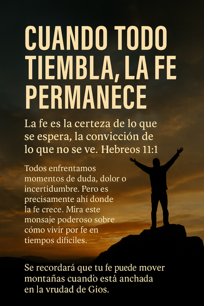 Una silueta con los brazos extendidos sobre una cima al atardecer simboliza la perseverancia de la fe en tiempos difíciles, con el texto "CUANDO TODO TIEMBLA, LA FE PERMANECE" y Hebreos 11:1 al lado.