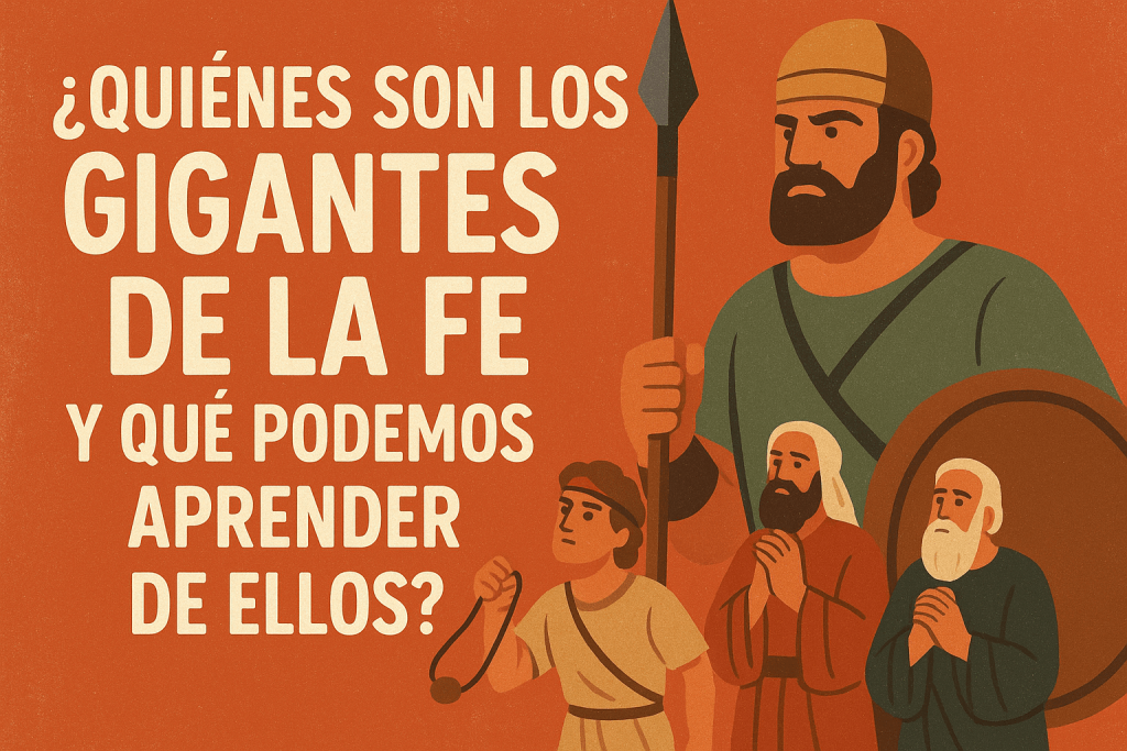 Ilustración digital que presenta el título en español "¿Quiénes son los Gigantes de la Fe y Qué Podemos Aprender de Ellos?" junto a figuras estilizadas que representan personajes bíblicos con un guerrero gigante en el centro.
