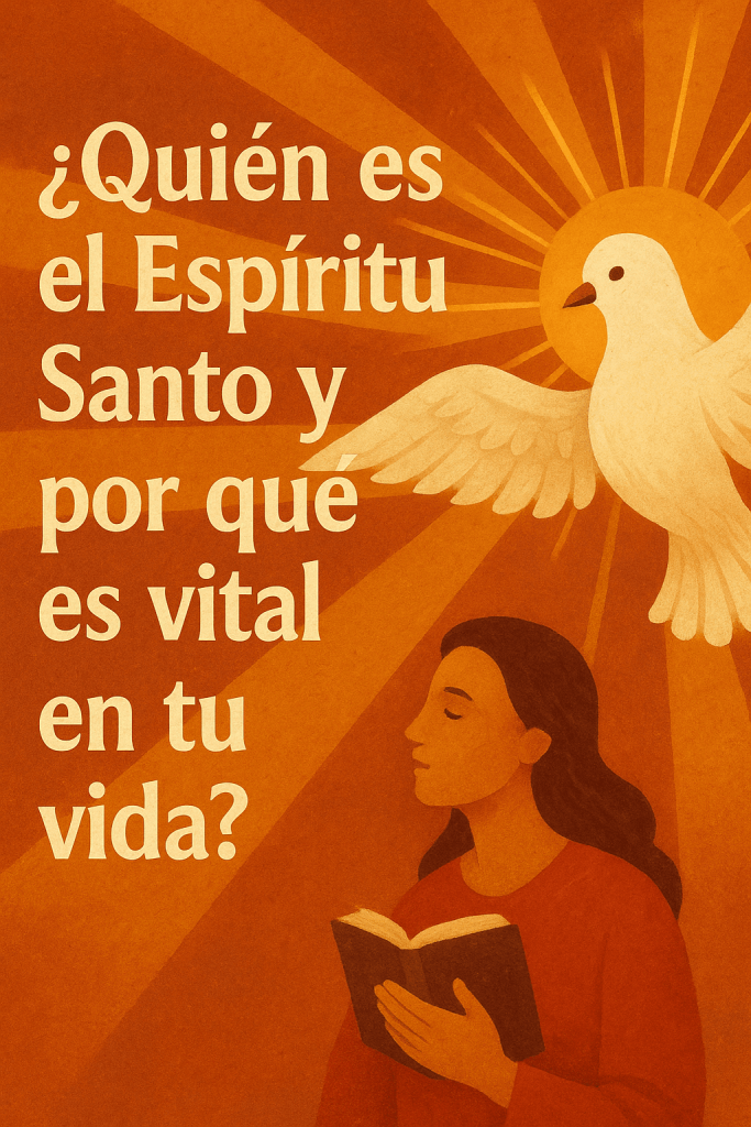 Ilustración digital con el texto "¿Quién es el Espíritu Santo y por qué es vital en tu vida?" y una paloma radiante que emite rayos de luz dorada, simbolizando la presencia del Espíritu Santo.