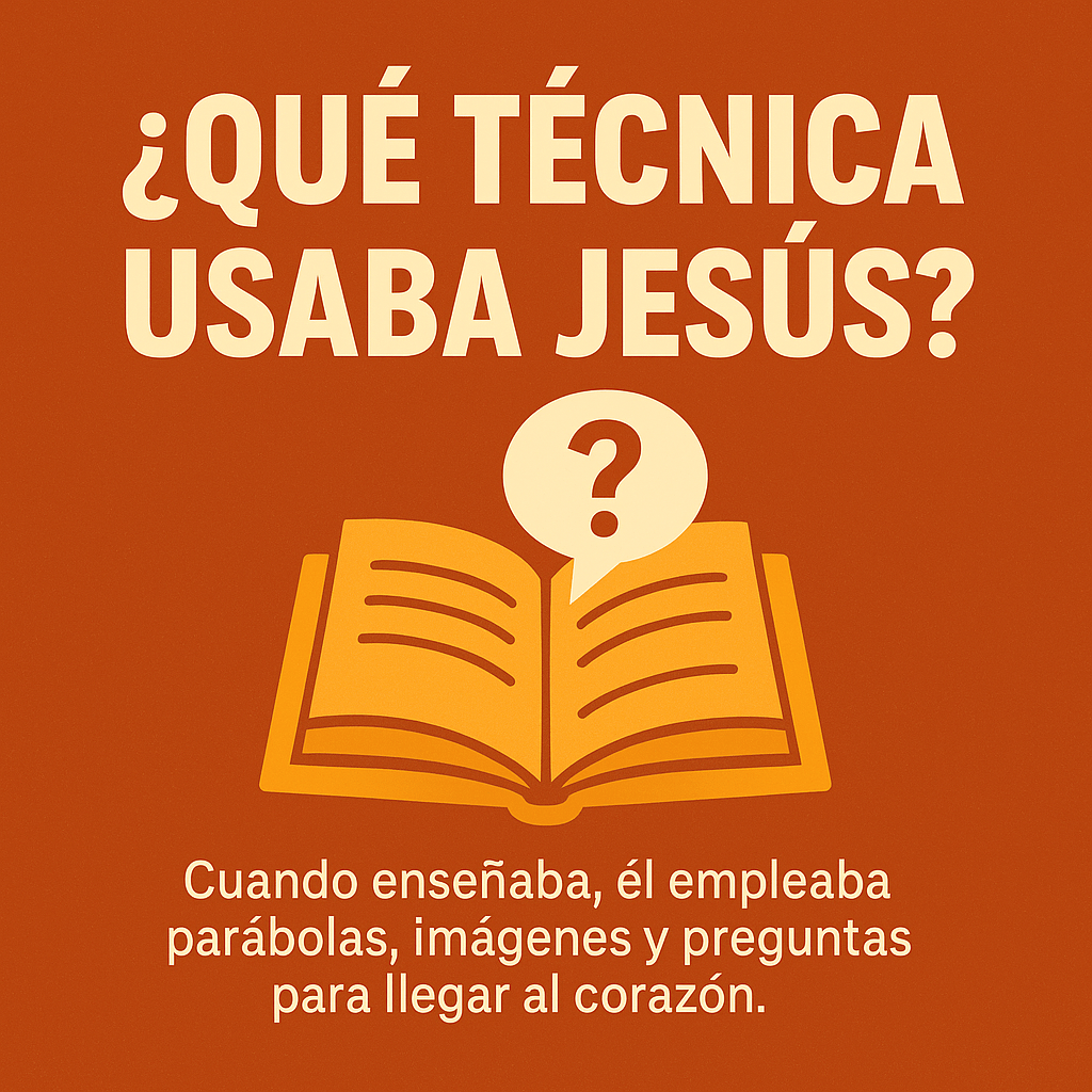 Diseño gráfico en español que pregunta "¿Qué Técnica Usaba Jesús?" sobre fondo naranja con un libro abierto y burbuja de diálogo.