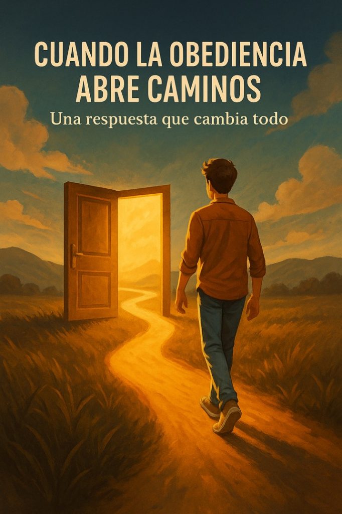 Joven caminando hacia una puerta abierta con luz dorada al amanecer, simbolizando obediencia y nuevos comienzos.