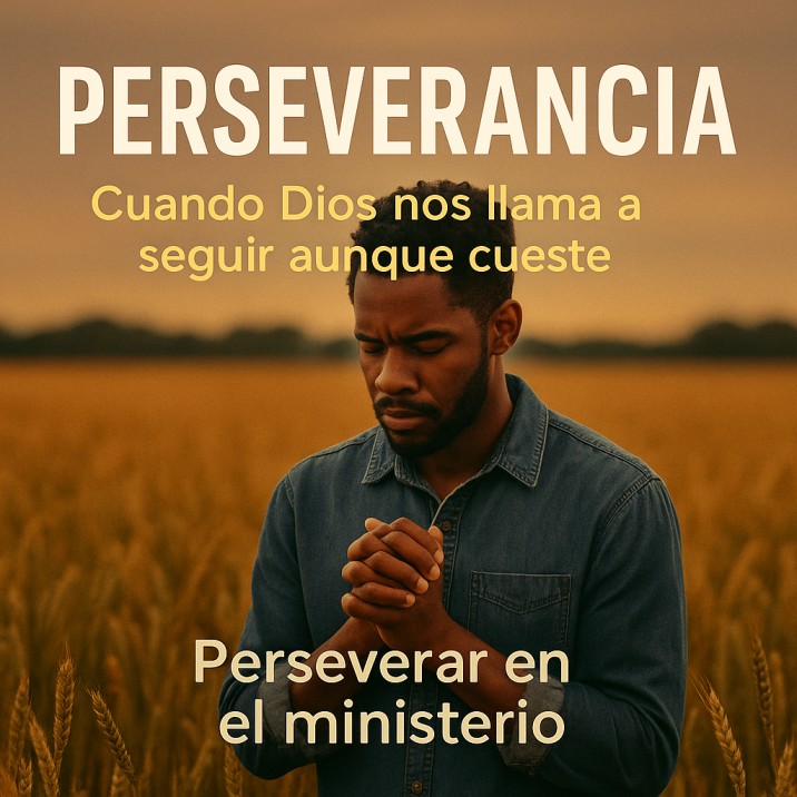 Joven cristiano orando en un campo de trigo al atardecer, simbolizando la perseverancia en el ministerio.